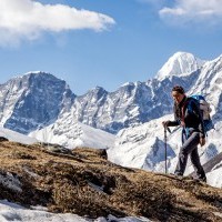 Akita hiking Renjo Pass in the Everest region of Nepal in 2014; Photo: Jon Mancuso